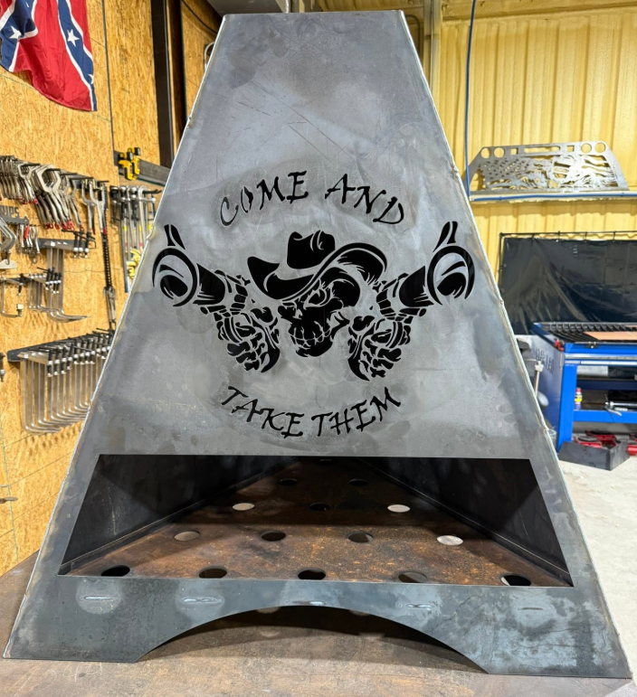Custom plasma-cut steel fire pit with Come and Take Them design